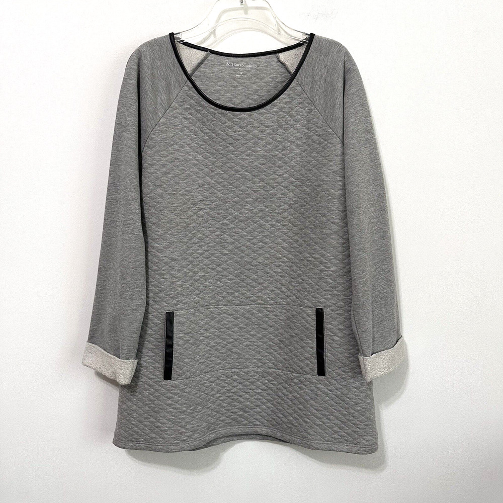 Soft Surroundings Quilted Tunic Top M Gray Faux Leather Trim Pocket 3/4 Sleeve‎